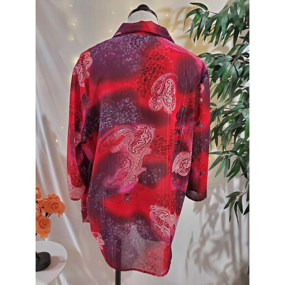 Maggie Barnes Vtg Sheer Paisley Sparkle Stripe Blouse Womens Plus Size 20W Red - Picture 3 of 10